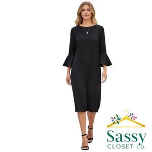 ✨ CHICO’S Black Ponte Bell Sleeve Sheath Dress 1 US 8 Medium Stretch LBD EUC 🖤